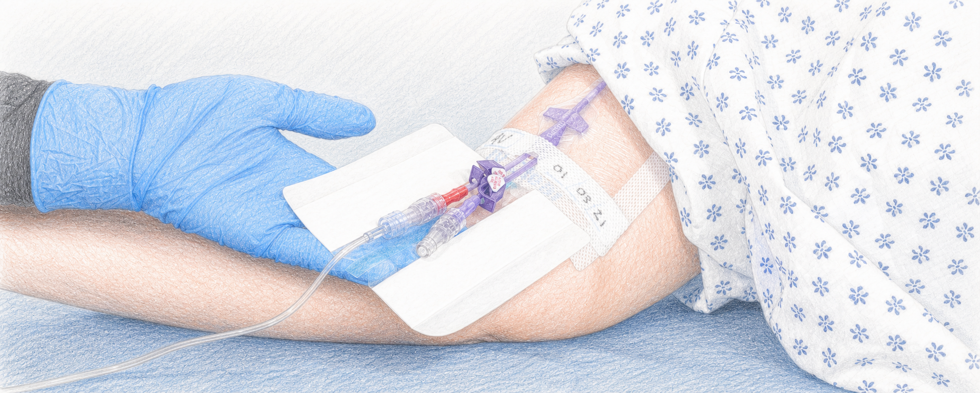 Gloved hands applying VALGuard over a catheter connection at the bedside