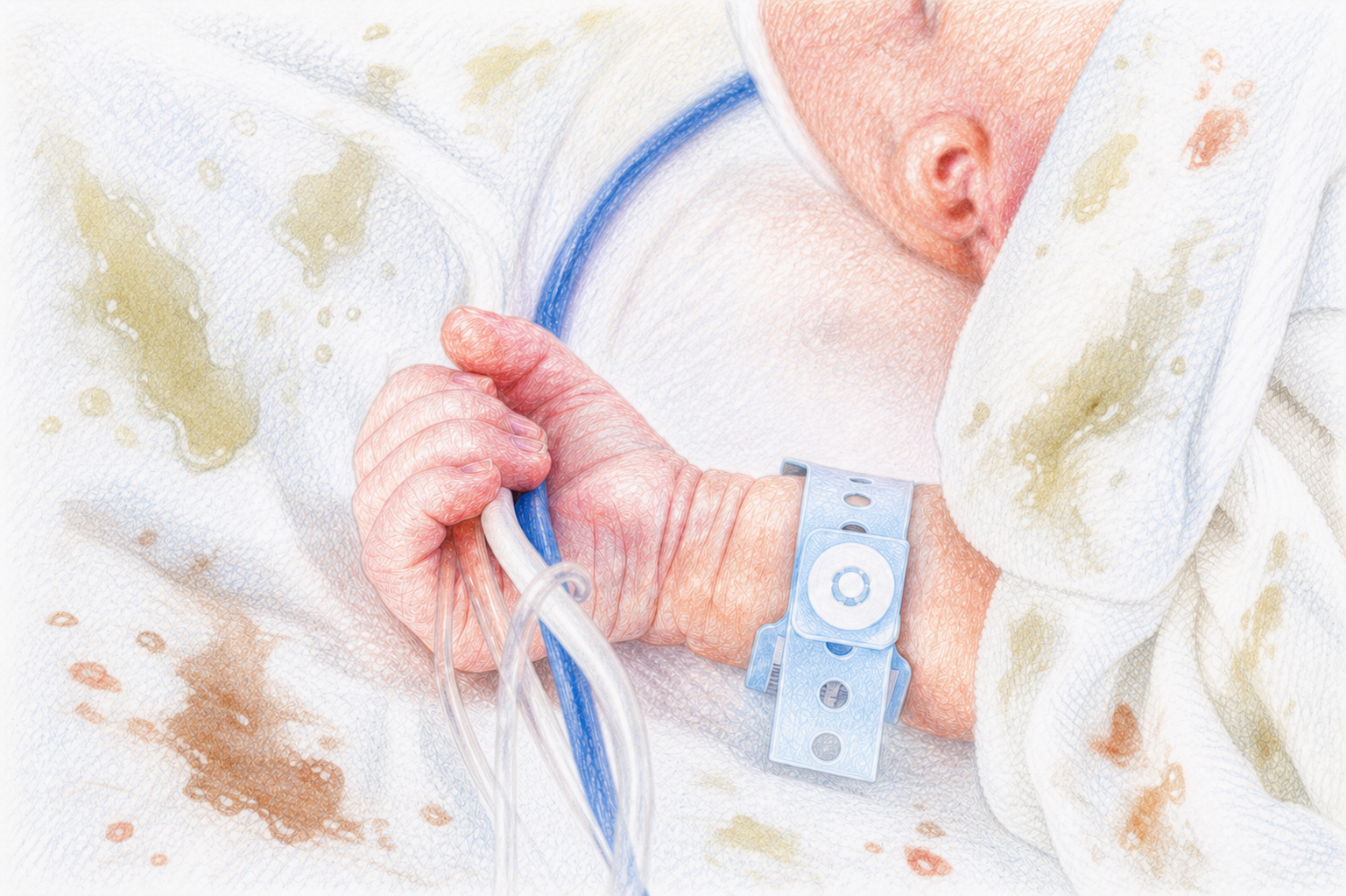Soiled bedding and gown around an infant's hand holding catheter tubing