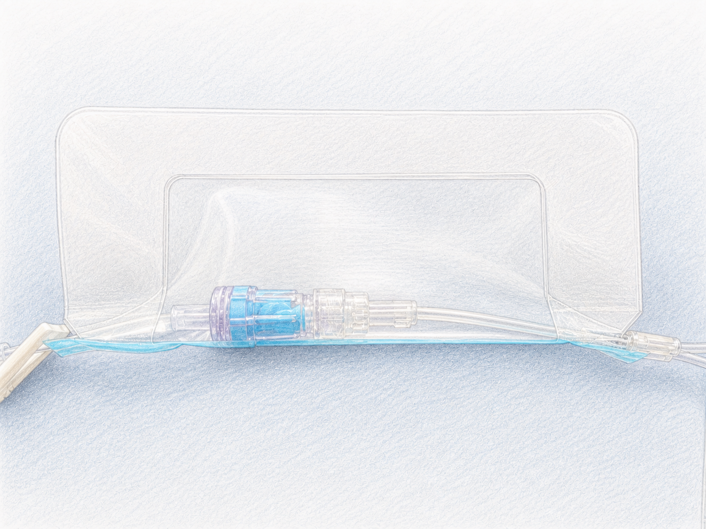 VALGuard barrier covering a needleless connector on IV tubing