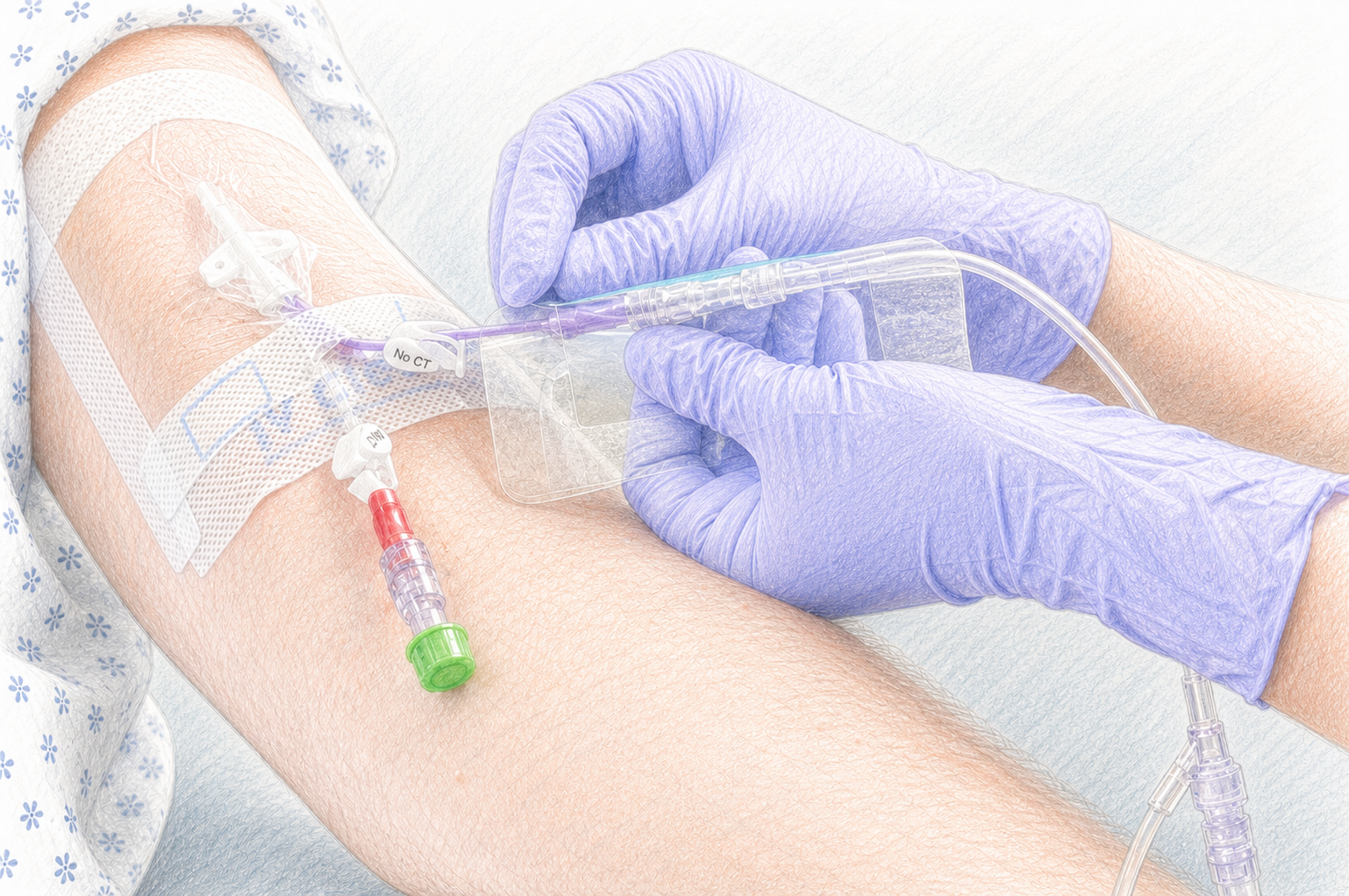 Gloved clinician using the VALGuard quick-access release strip over vascular access line connections