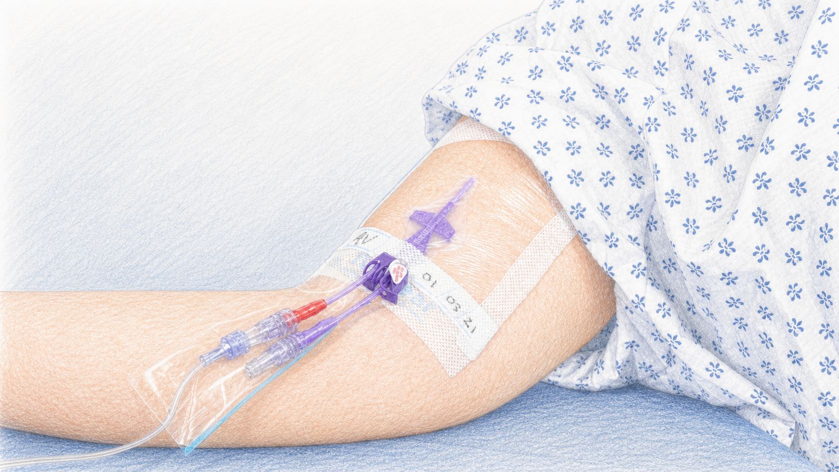 VALGuard covering vascular access line connections on a patient's arm